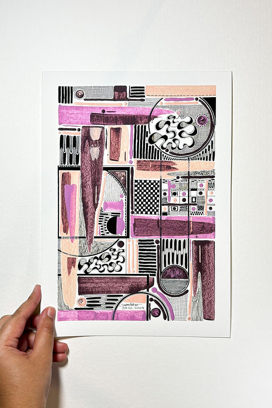 A hand is holding a colorful abstract artwork that features a mix of geometric shapes and patterns in shades of purple, black, peach, and white. The composition includes rectangles, circles, lines, and grid patterns, creating a visually intricate and balanced design. The image has a modern, artistic feel with a blend of sharp lines and organic forms.