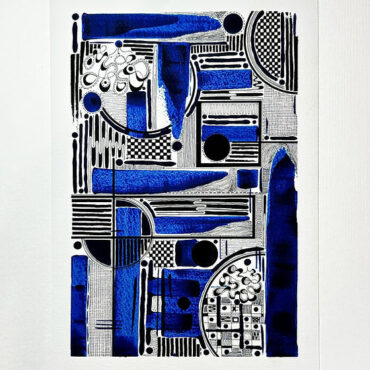 The image shows an abstract art print with a geometric design, featuring a combination of black, white, and deep blue shapes. The artwork includes various forms such as circles, rectangles, and lines, arranged in an intricate and structured pattern. The bold use of blue contrasts sharply with the black and white elements, creating a visually compelling composition. The art is displayed on a white background, emphasizing the crispness of the design.