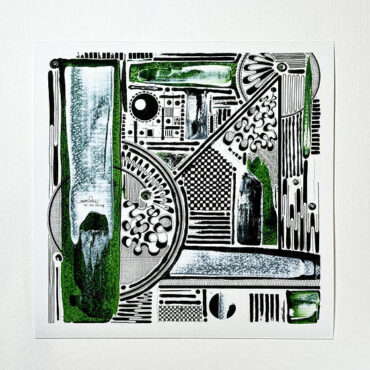 A square abstract artwork featuring a mix of black, white, and green geometric shapes and patterns is displayed against a plain white background. The composition includes elements such as stripes, dots, grids, and circular designs, with green brushstrokes adding depth and contrast to the intricate, modern design.