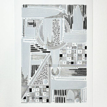 An intricate black-and-white abstract artwork featuring various geometric shapes, patterns, and textures, with some areas highlighted in light gray, displayed against a plain white background.