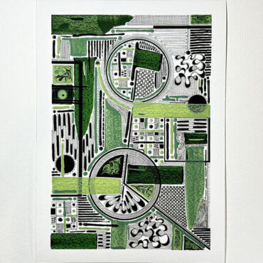 An abstract artwork featuring various geometric shapes and intricate patterns in shades of green and black, including circles, rectangles, and lines. The background is plain white, and the piece showcases a complex and detailed design.