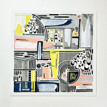 A square piece of abstract art featuring a complex mix of geometric shapes, patterns, and colors including black, white, yellow, pink, and blue. The artwork includes intricate designs with various lines, circles, and textured areas, creating a visually engaging composition. The background is a plain white wall.